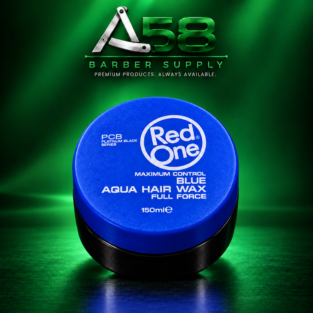 RedOne Blue hair styling wax, 150 mL, with A58 Barber Supply branding