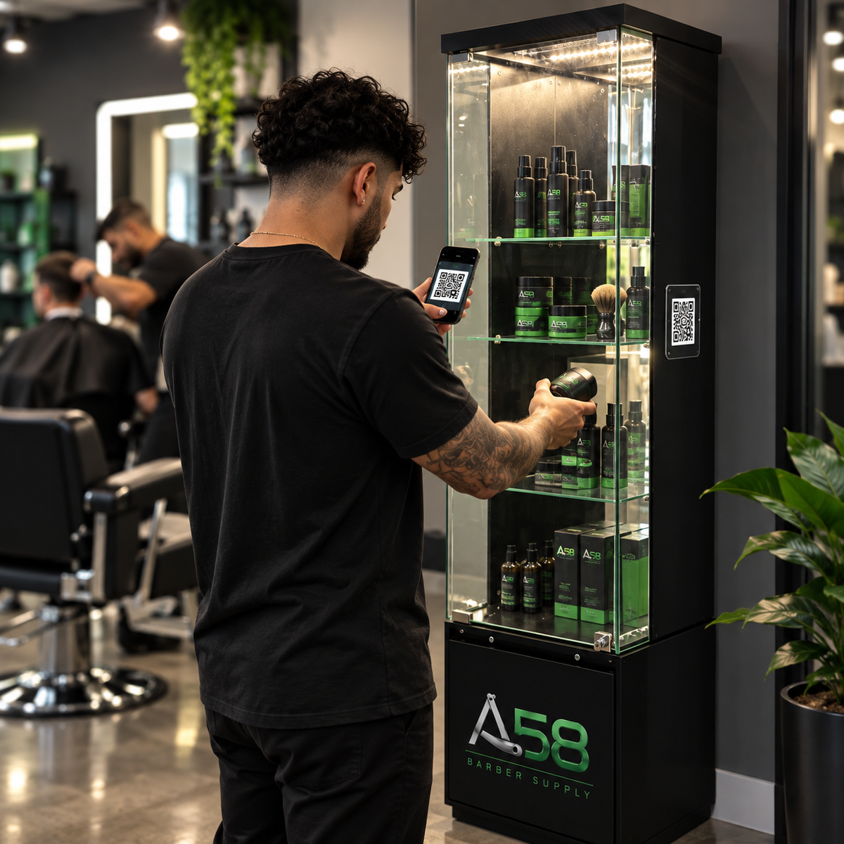 A58 barber supply shelf inside a barbershop